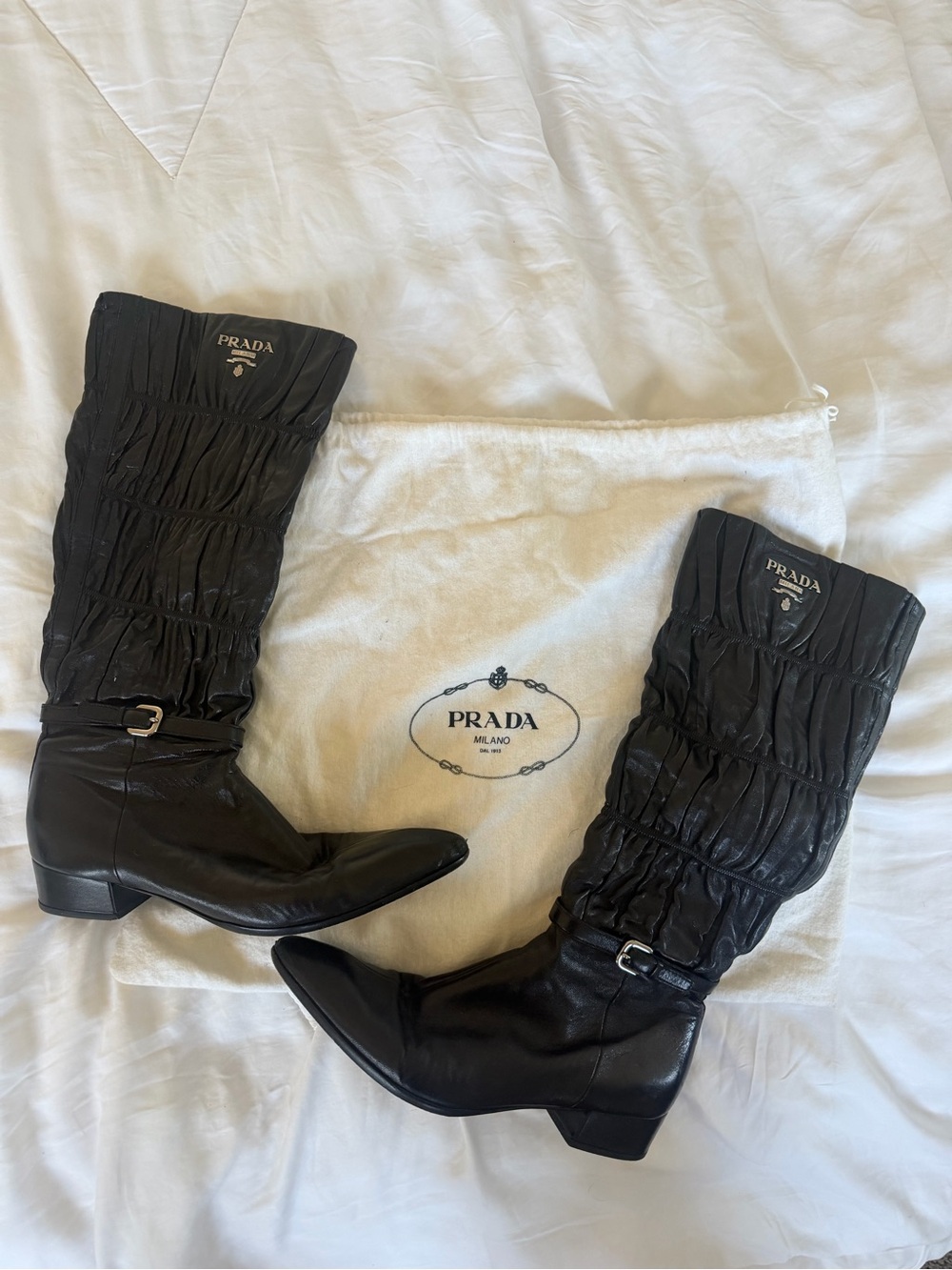 Prada Black Ruched Leather Mid-Calf Boots with Ankle Buckle